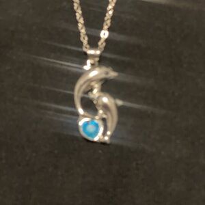 Silver Dolphin Pendant Necklace with Blue Gem